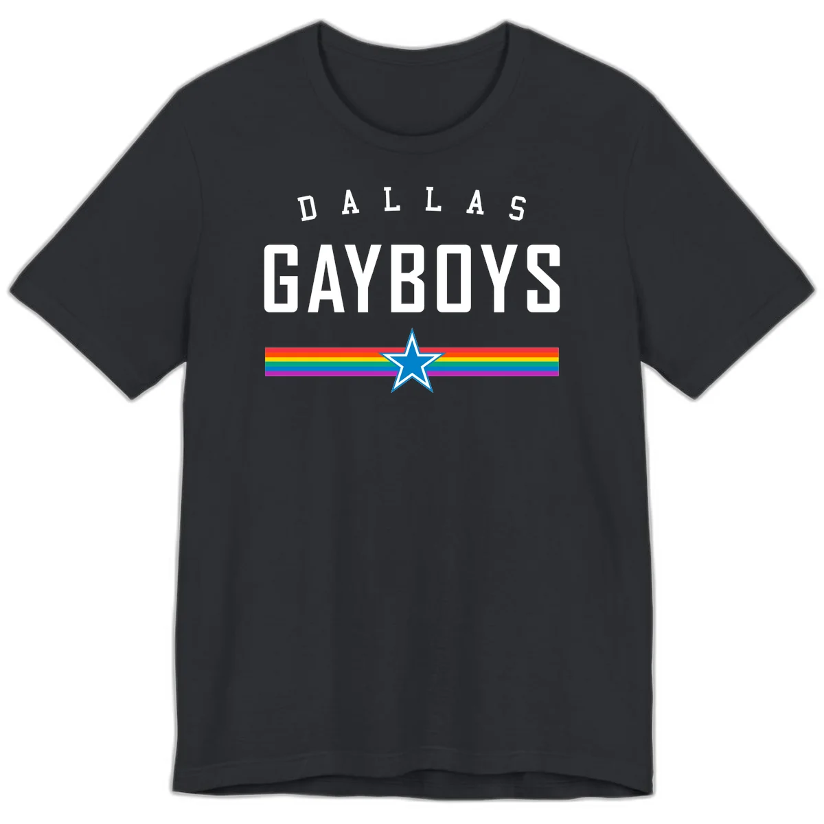 Dallas Garboys pride design with white text, blue star, and horizontal rainbow stripes on gray background in Vintage Black