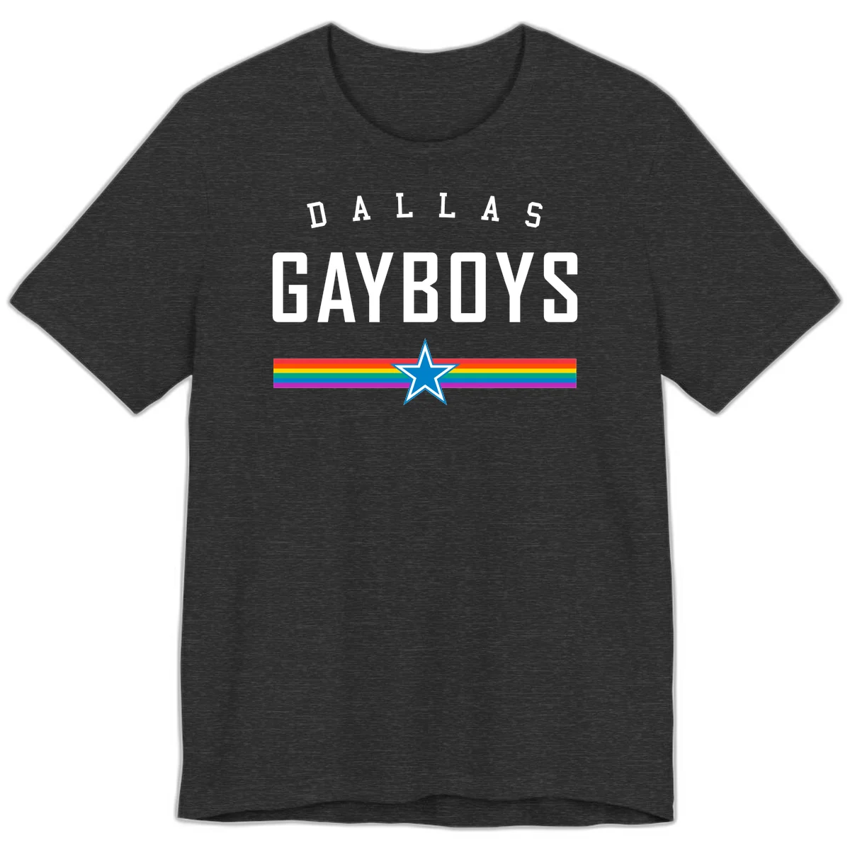 Dallas Garboys pride design with white text, blue star, and horizontal rainbow stripes on gray background in Dark Grey Heather
