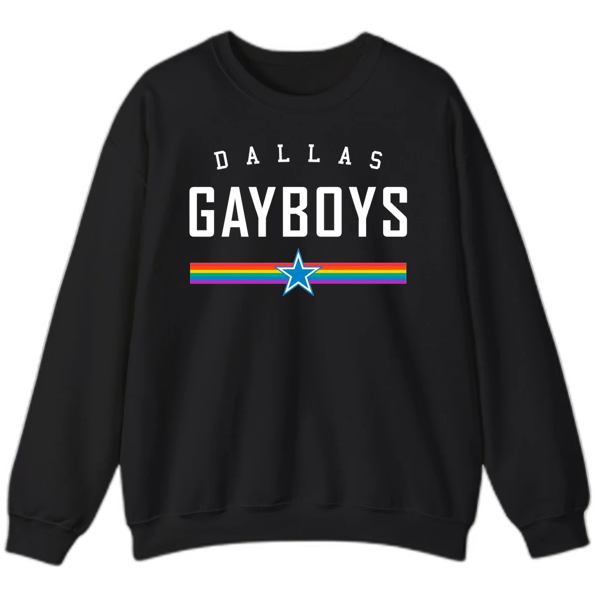 Dallas Garboys pride design with white text, blue star, and horizontal rainbow stripes on gray background in Black