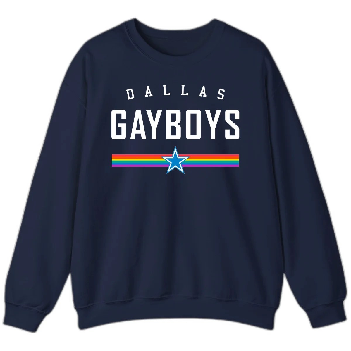 Dallas Garboys pride design with white text, blue star, and horizontal rainbow stripes on gray background in Navy