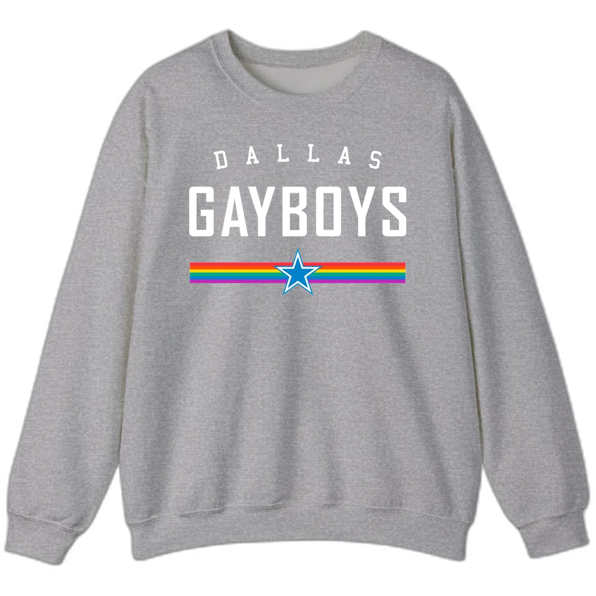 Dallas Garboys pride design with white text, blue star, and horizontal rainbow stripes on gray background in Sport Grey
