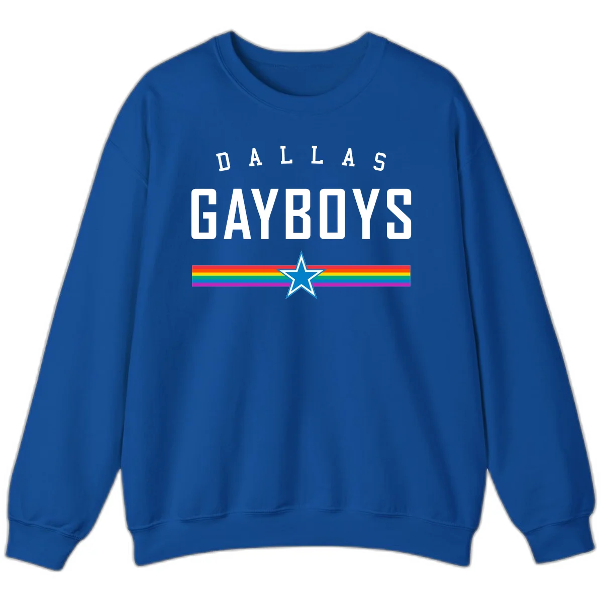 Dallas Garboys pride design with white text, blue star, and horizontal rainbow stripes on gray background in Royal