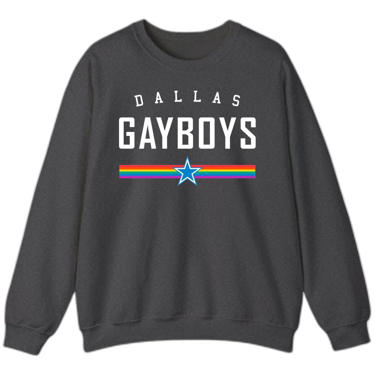 Dallas Garboys pride design with white text, blue star, and horizontal rainbow stripes on gray background in Dark Heather