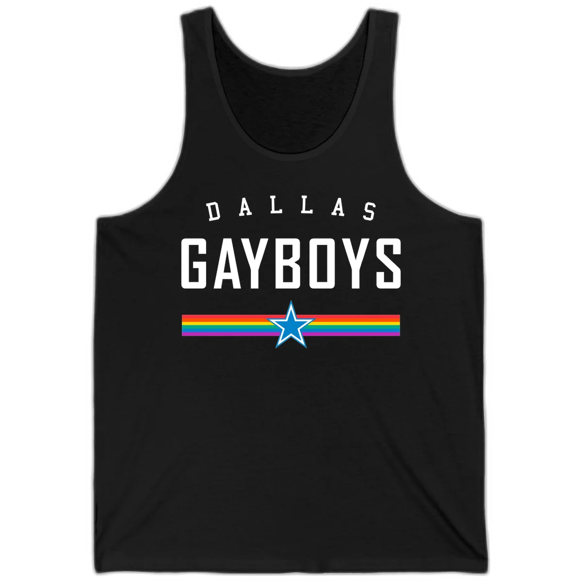 Dallas Garboys pride design with white text, blue star, and horizontal rainbow stripes on gray background in Black