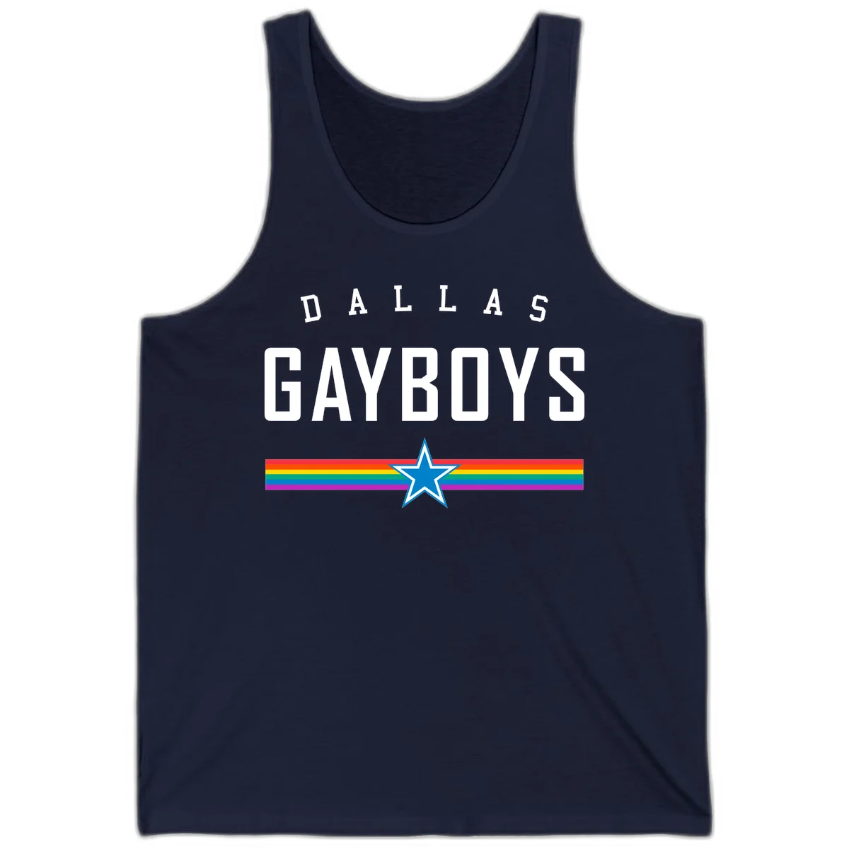 Dallas Garboys pride design with white text, blue star, and horizontal rainbow stripes on gray background in Navy