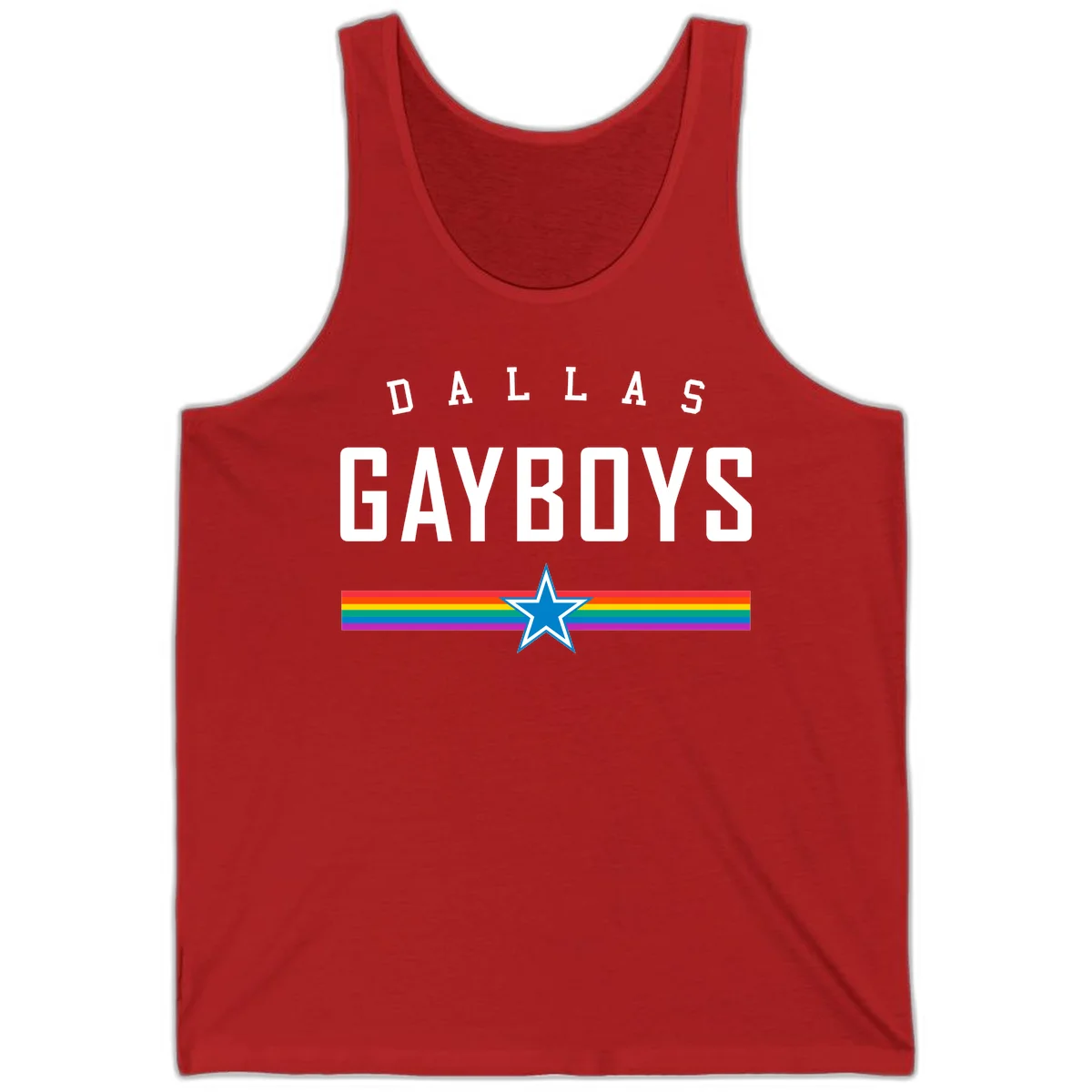 Dallas Garboys pride design with white text, blue star, and horizontal rainbow stripes on gray background in Red