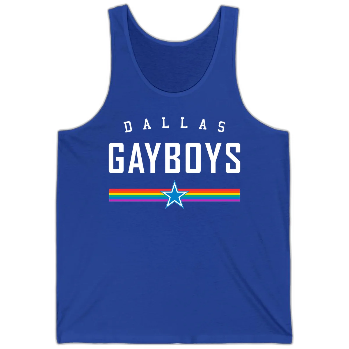 Dallas Garboys pride design with white text, blue star, and horizontal rainbow stripes on gray background in True Royal