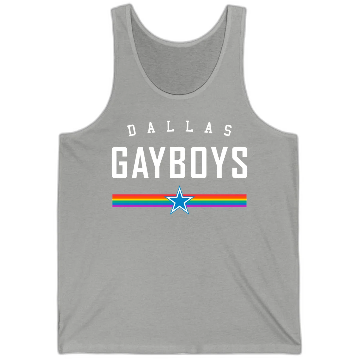 Dallas Garboys pride design with white text, blue star, and horizontal rainbow stripes on gray background in Athletic Heather