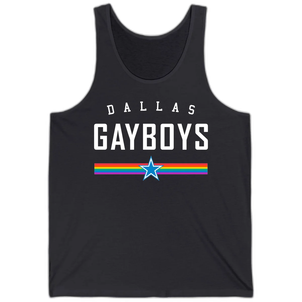 Dallas Garboys pride design with white text, blue star, and horizontal rainbow stripes on gray background in Dark Grey