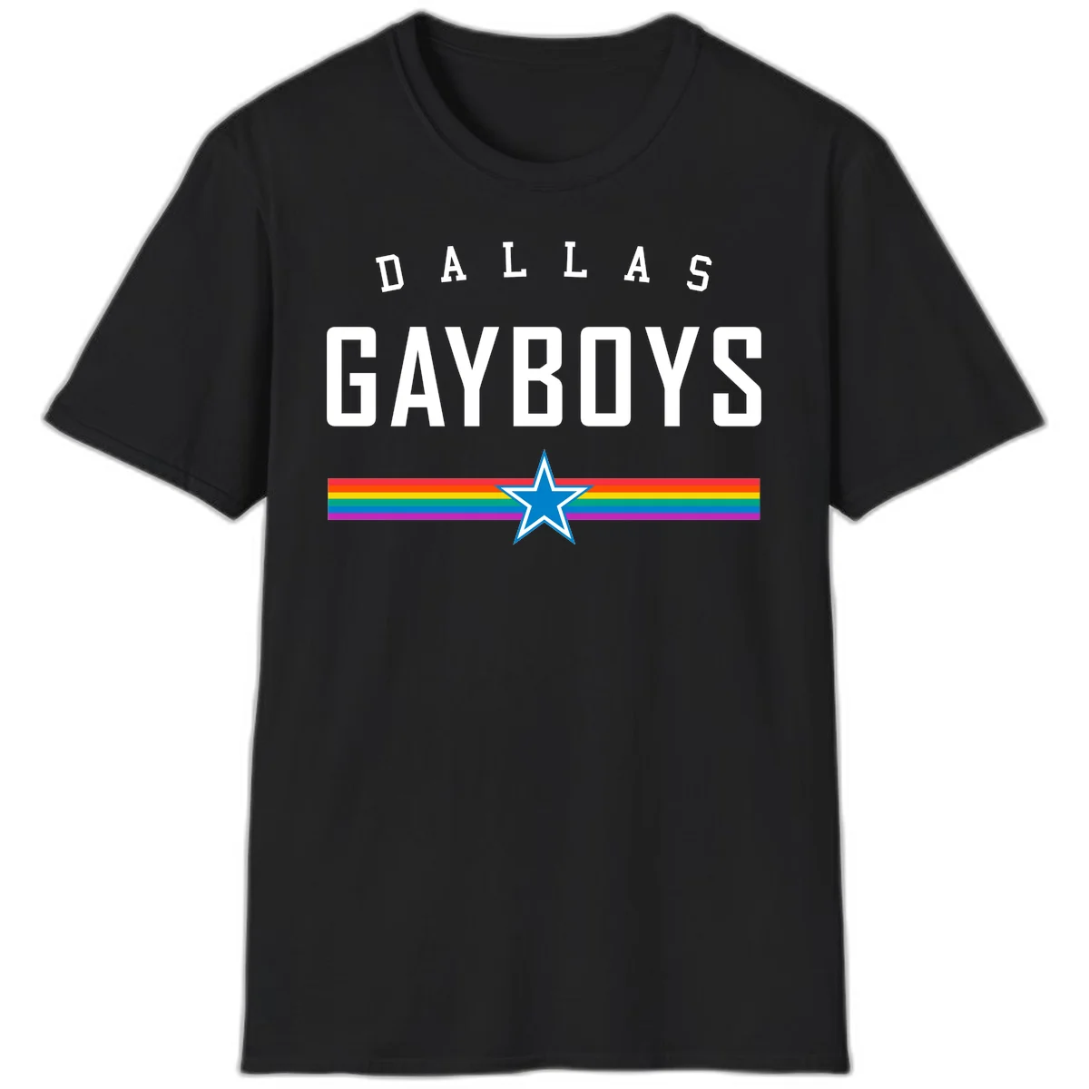 Dallas Garboys pride design with white text, blue star, and horizontal rainbow stripes on gray background in Black