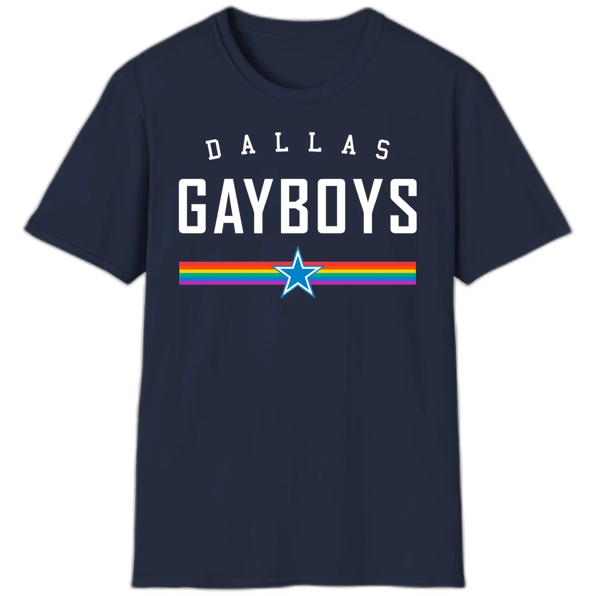 Dallas Garboys pride design with white text, blue star, and horizontal rainbow stripes on gray background in Navy