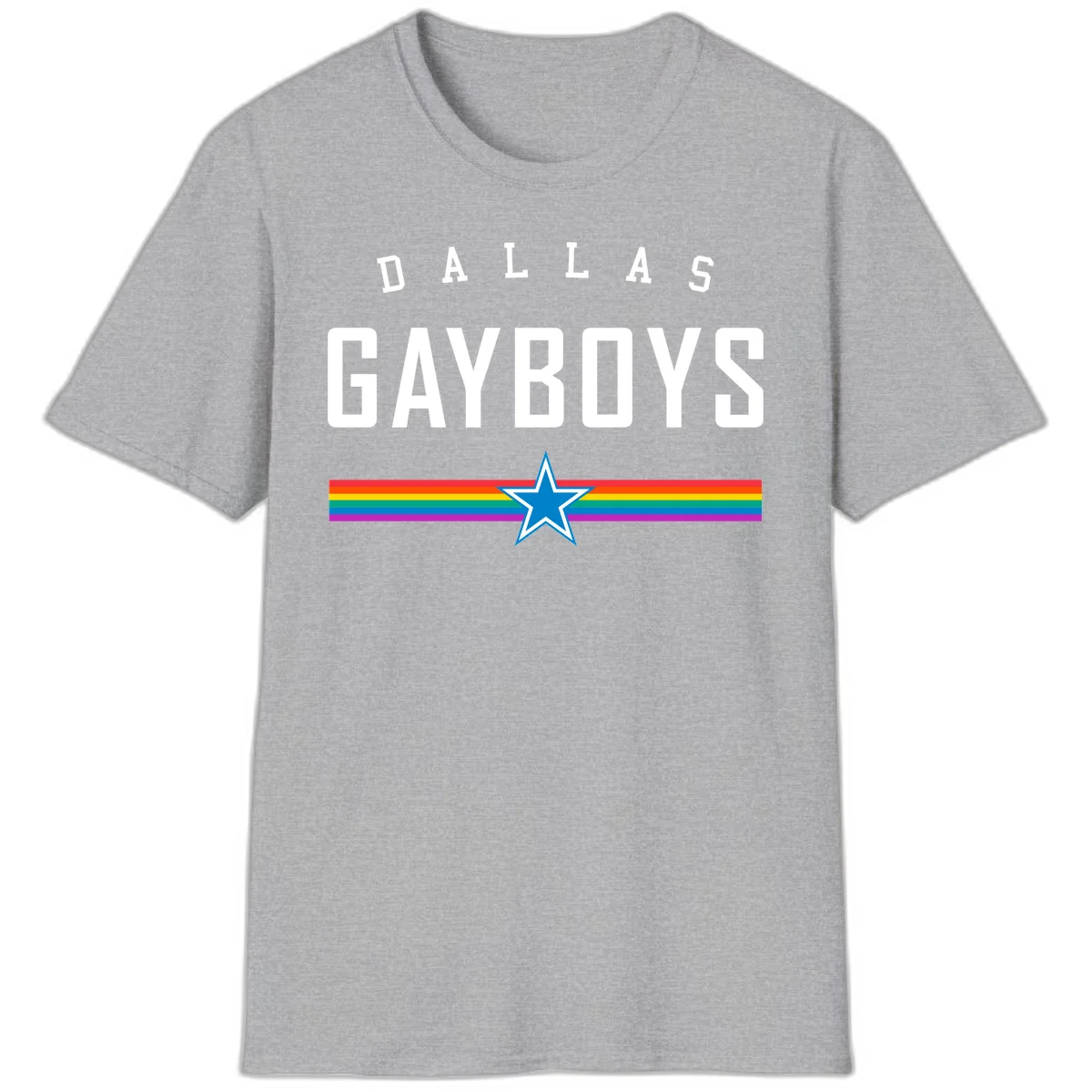 Dallas Garboys pride design with white text, blue star, and horizontal rainbow stripes on gray background in Sport Grey