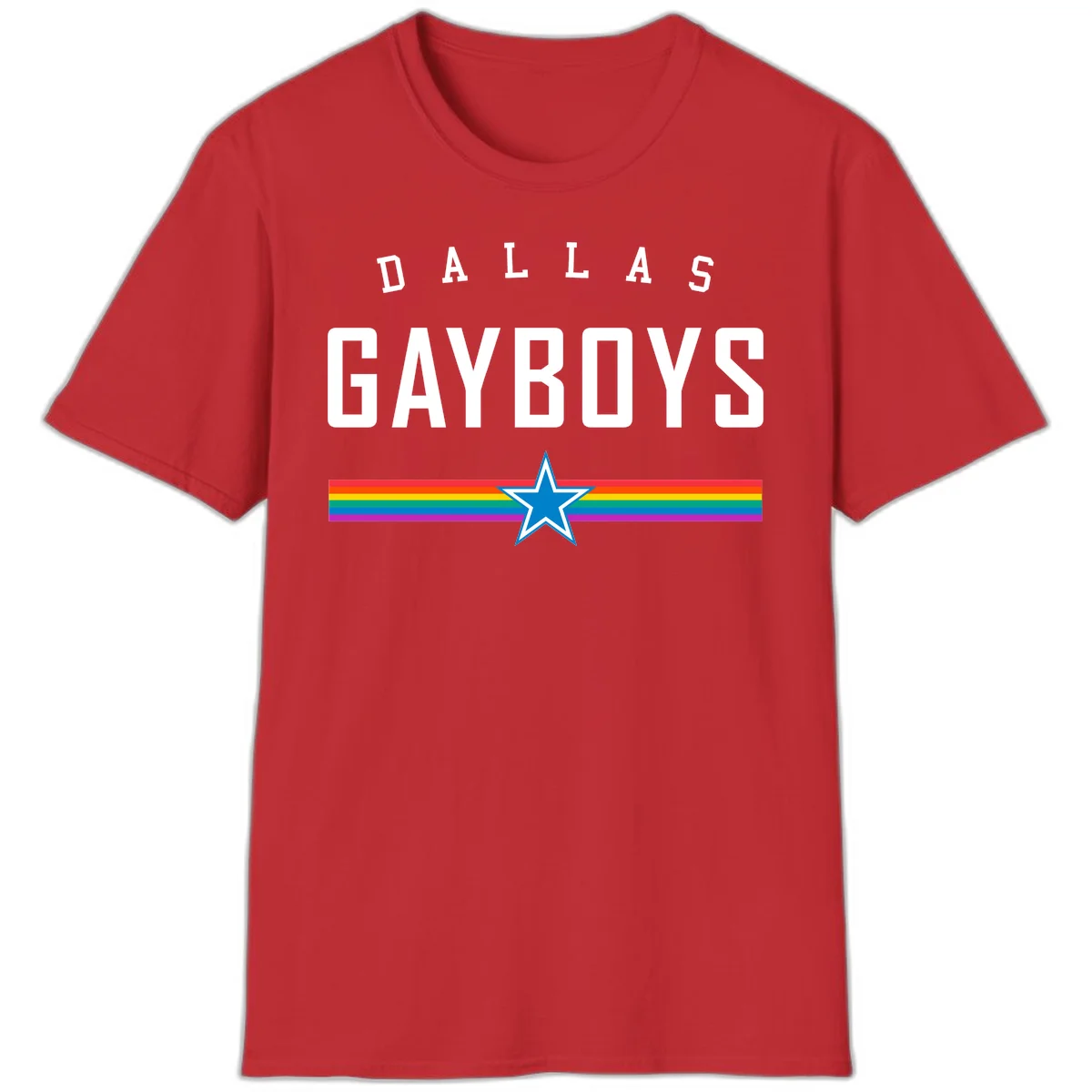 Dallas Garboys pride design with white text, blue star, and horizontal rainbow stripes on gray background in Red
