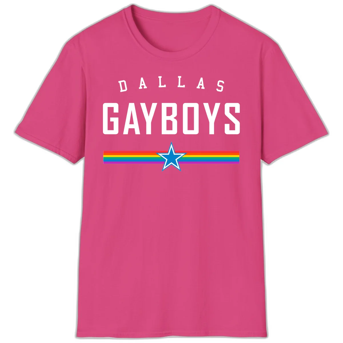 Dallas Garboys pride design with white text, blue star, and horizontal rainbow stripes on gray background in Heliconia
