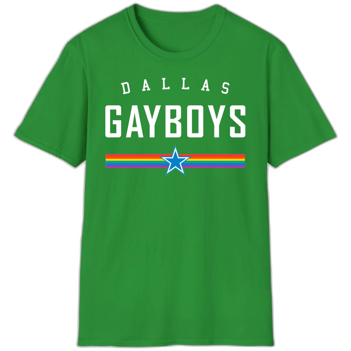 Dallas Garboys pride design with white text, blue star, and horizontal rainbow stripes on gray background in Irish Green