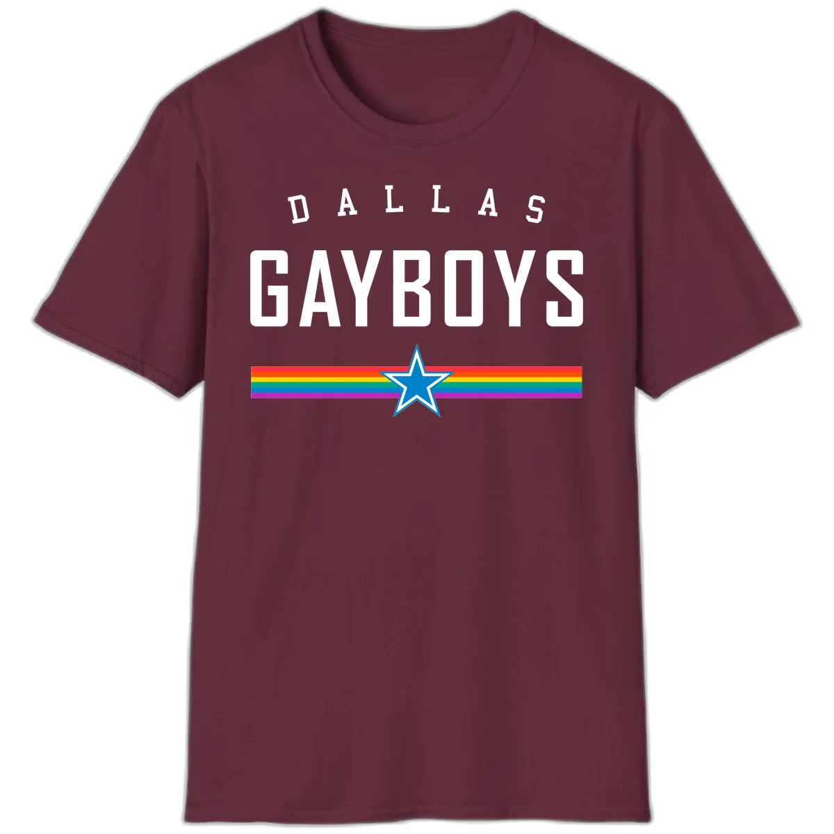Dallas Garboys pride design with white text, blue star, and horizontal rainbow stripes on gray background in Maroon