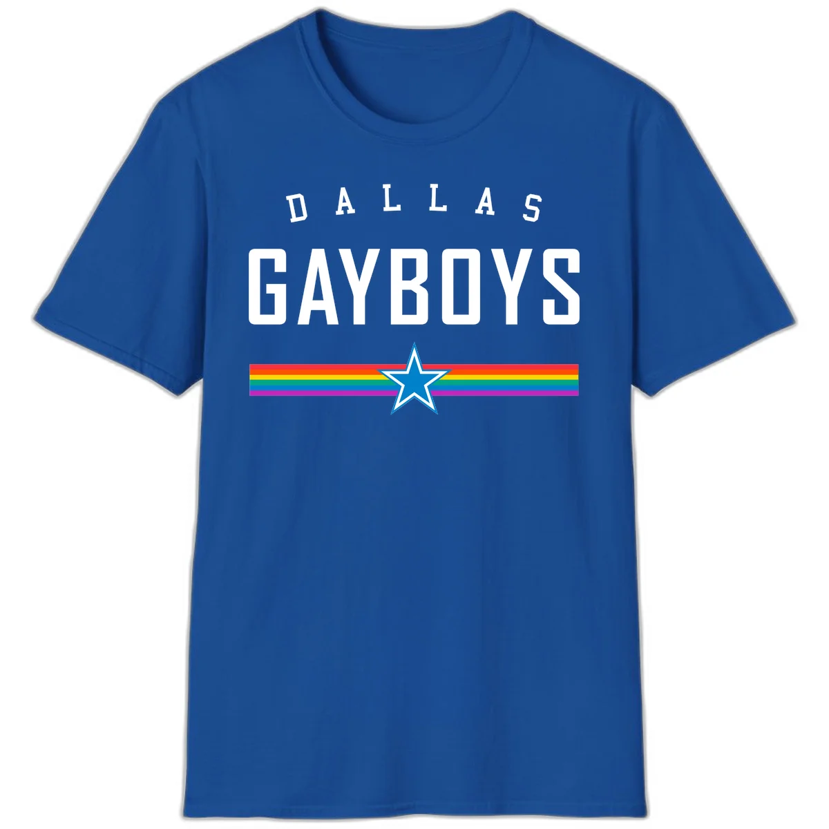 Dallas Garboys pride design with white text, blue star, and horizontal rainbow stripes on gray background in Royal