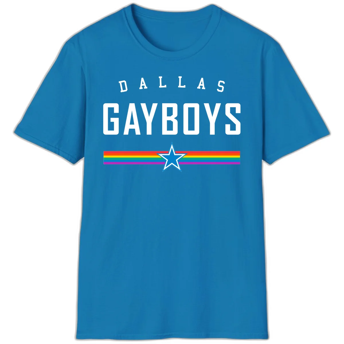 Dallas Garboys pride design with white text, blue star, and horizontal rainbow stripes on gray background in Sapphire