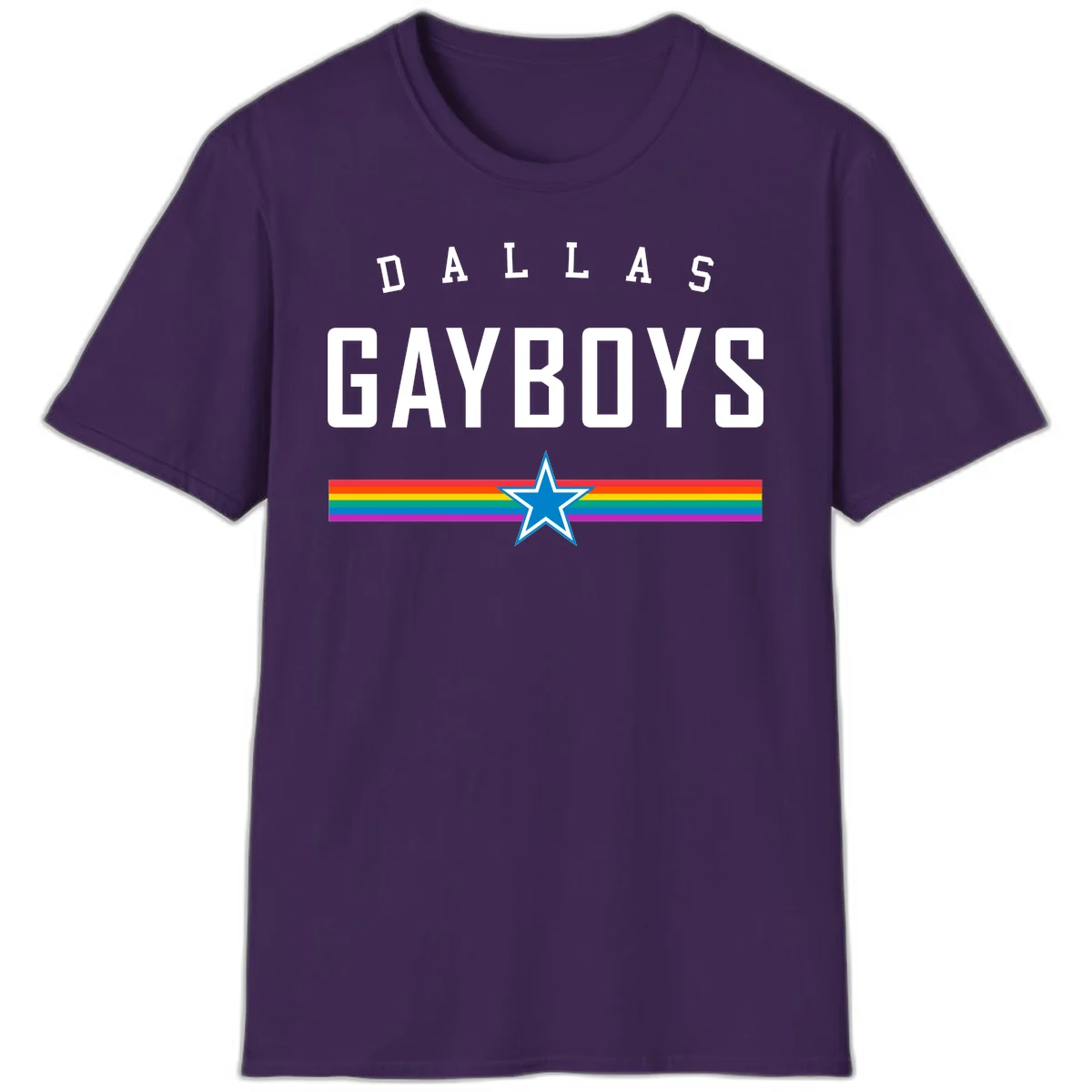 Dallas Garboys pride design with white text, blue star, and horizontal rainbow stripes on gray background in Purple