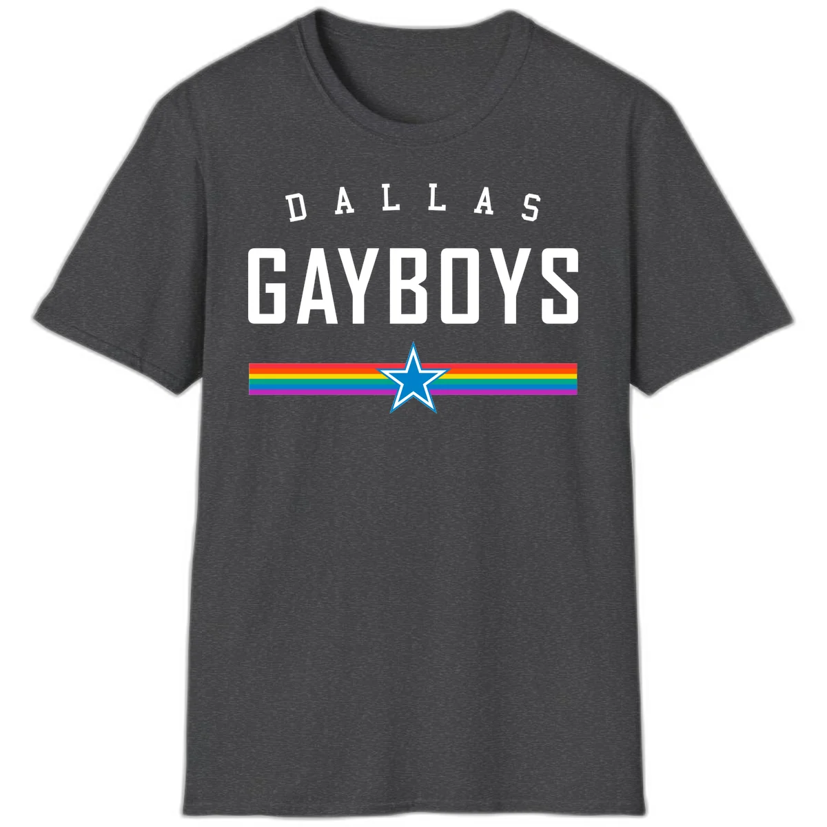 Dallas Garboys pride design with white text, blue star, and horizontal rainbow stripes on gray background in Dark Heather