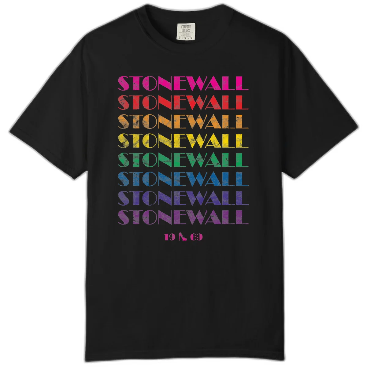 Stonewall Pride 1969 design with rainbow-colored repeated text and high heel icon on gray background in Black