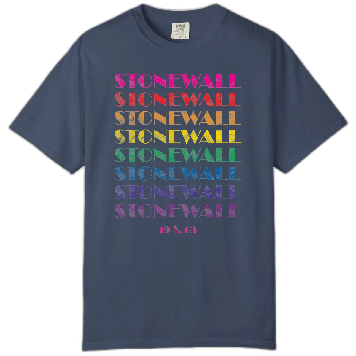Stonewall Pride 1969 design with rainbow-colored repeated text and high heel icon on gray background in Midnight