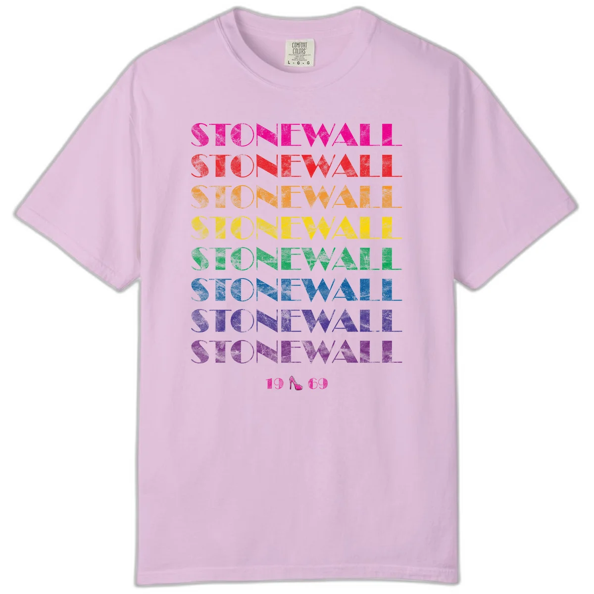 Stonewall Pride 1969 design with rainbow-colored repeated text and high heel icon on gray background in Orchid
