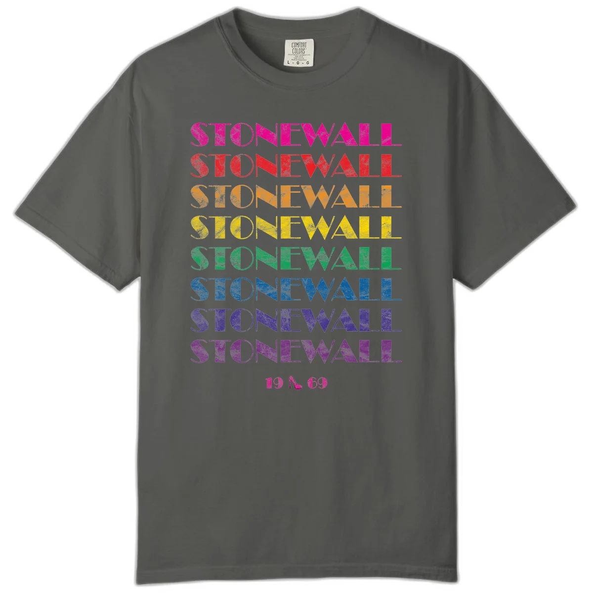 Stonewall Pride 1969 design with rainbow-colored repeated text and high heel icon on gray background in Pepper
