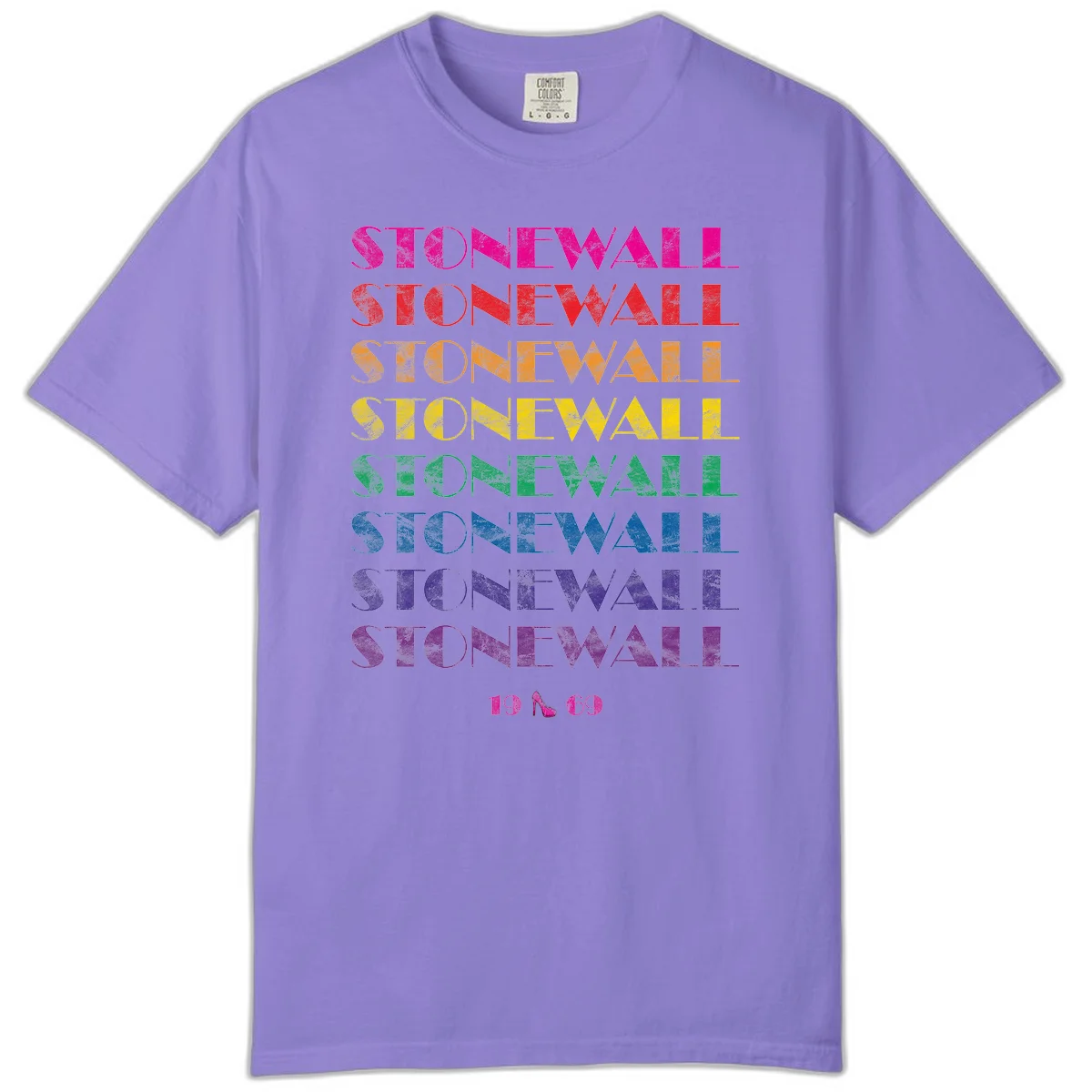 Stonewall Pride 1969 design with rainbow-colored repeated text and high heel icon on gray background in Violet