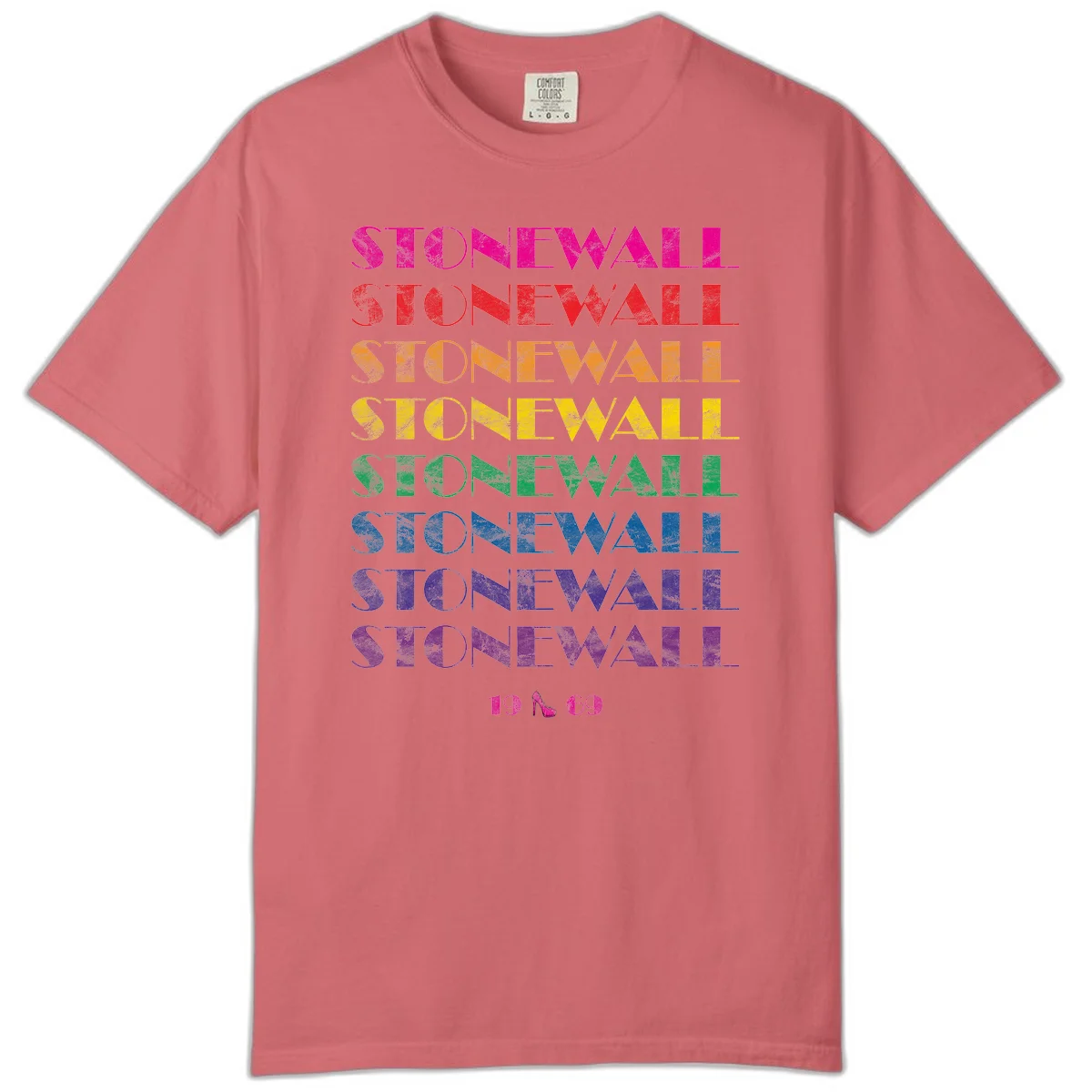 Stonewall Pride 1969 design with rainbow-colored repeated text and high heel icon on gray background in Watermelon