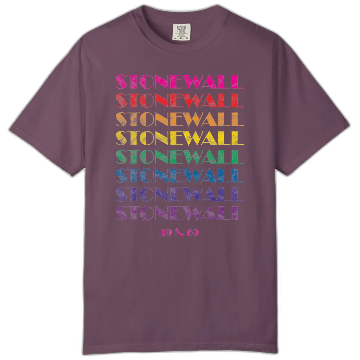 Stonewall Pride 1969 design with rainbow-colored repeated text and high heel icon on gray background in Berry