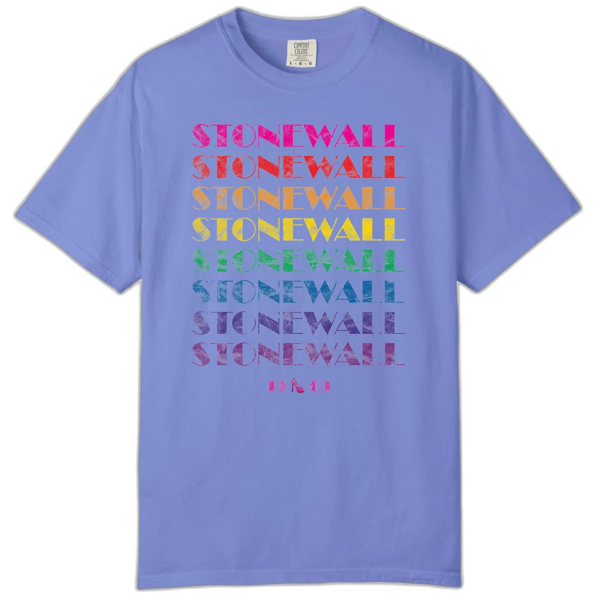 Stonewall Pride 1969 design with rainbow-colored repeated text and high heel icon on gray background in Flo Blue