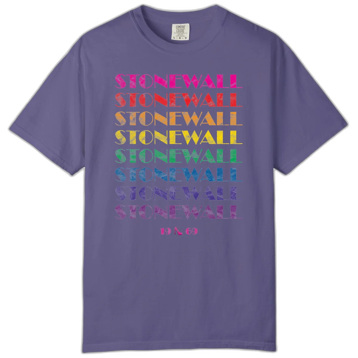 Stonewall Pride 1969 design with rainbow-colored repeated text and high heel icon on gray background in Grape