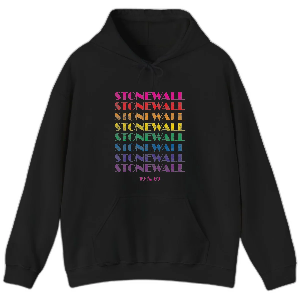 Stonewall Pride 1969 design with rainbow-colored repeated text and high heel icon on gray background in Black