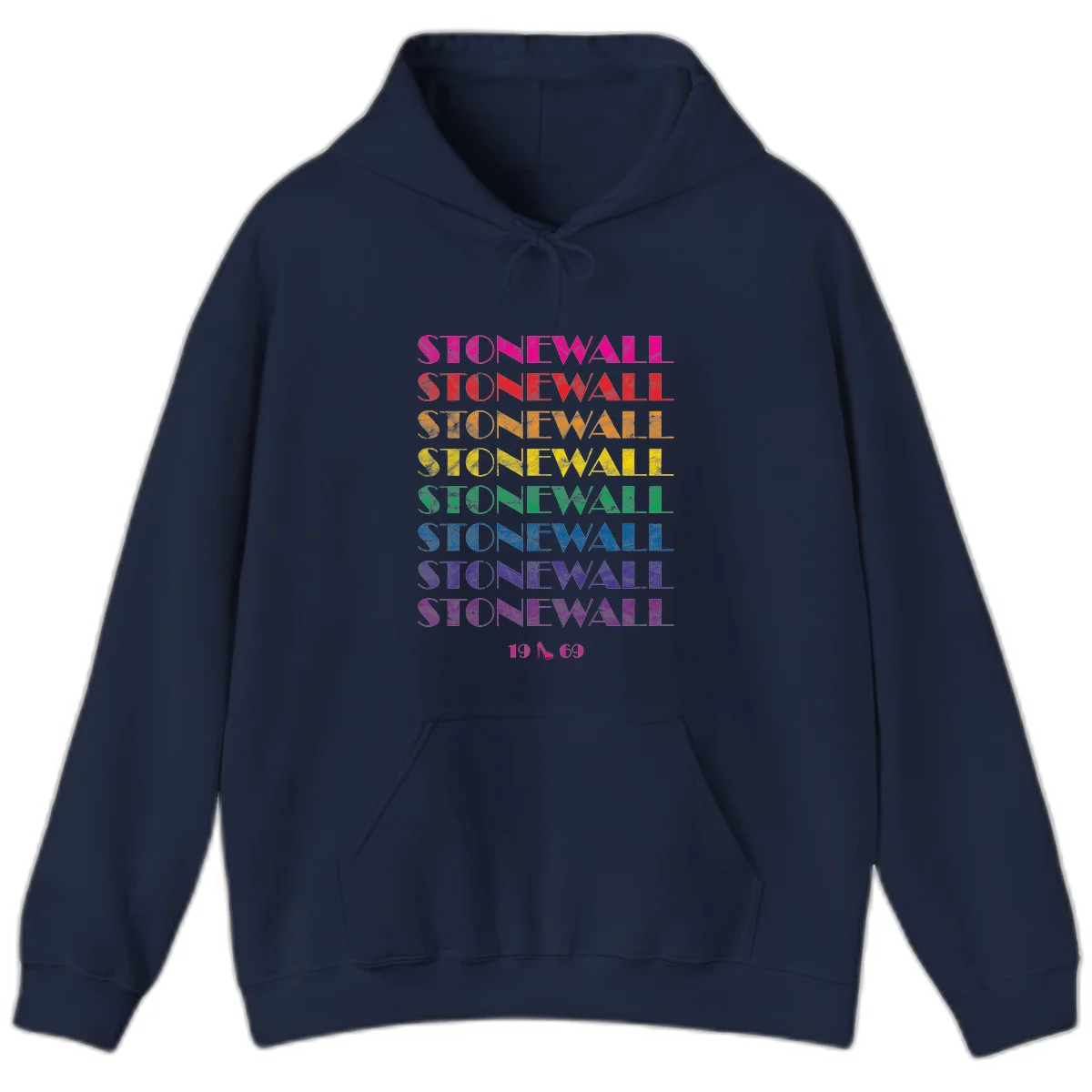 Stonewall Pride 1969 design with rainbow-colored repeated text and high heel icon on gray background in Navy