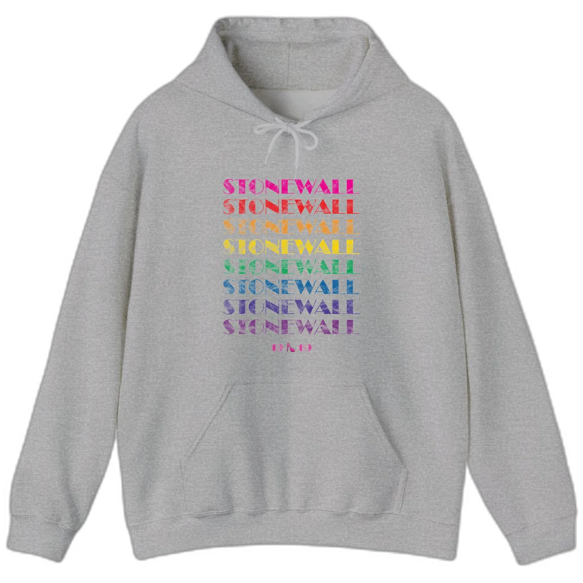 Stonewall Pride 1969 design with rainbow-colored repeated text and high heel icon on gray background in Sport Grey