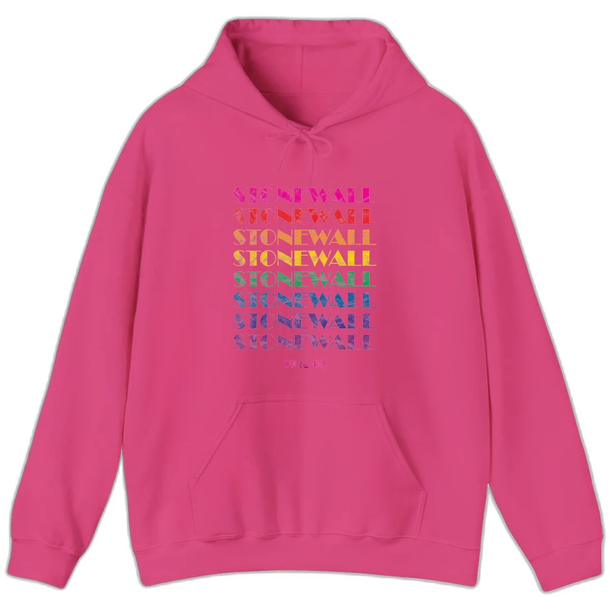 Stonewall Pride 1969 design with rainbow-colored repeated text and high heel icon on gray background in Heliconia