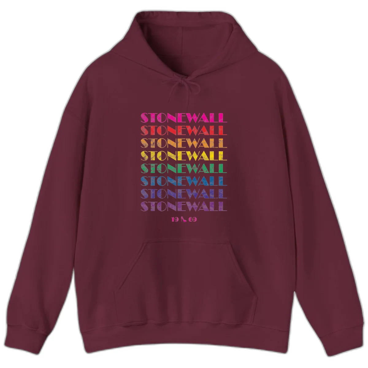 Stonewall Pride 1969 design with rainbow-colored repeated text and high heel icon on gray background in Maroon