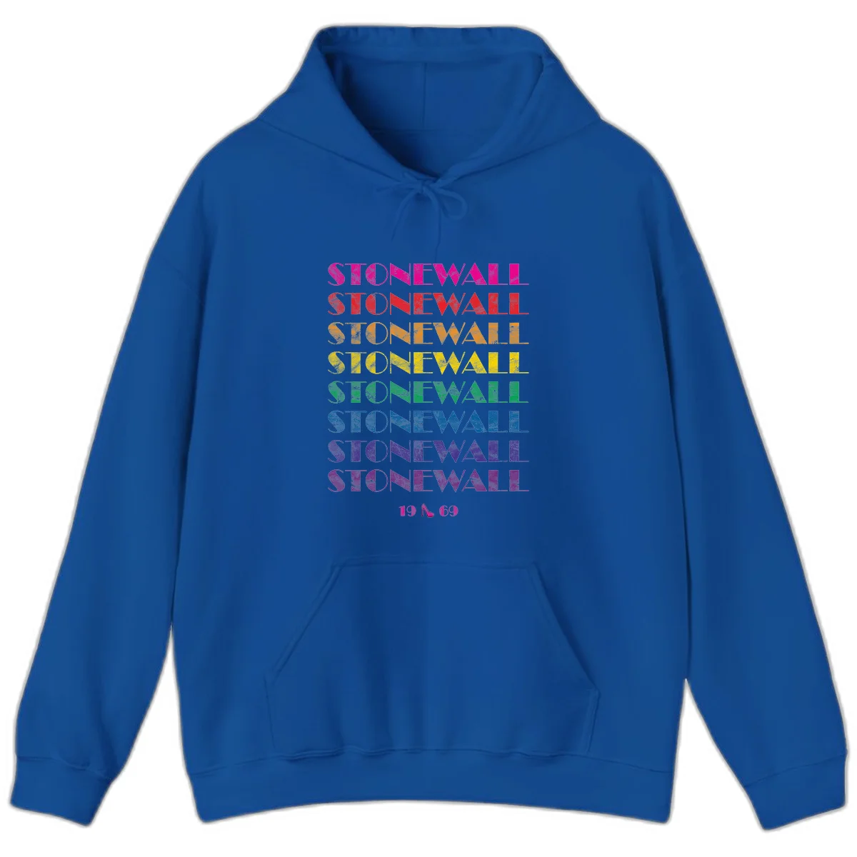 Stonewall Pride 1969 design with rainbow-colored repeated text and high heel icon on gray background in Royal