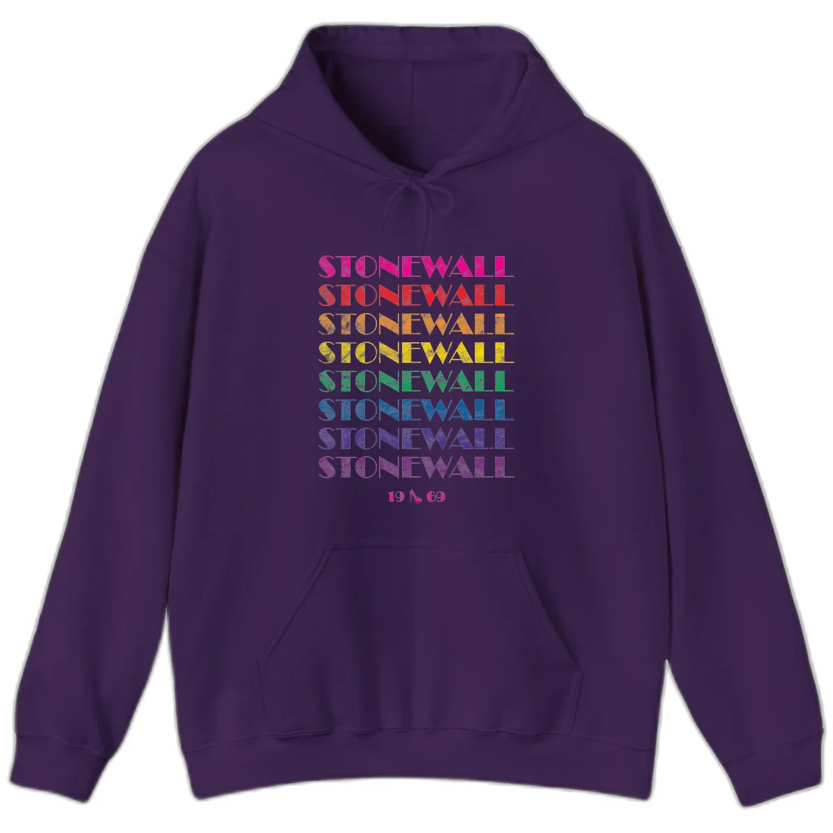 Stonewall Pride 1969 design with rainbow-colored repeated text and high heel icon on gray background in Purple