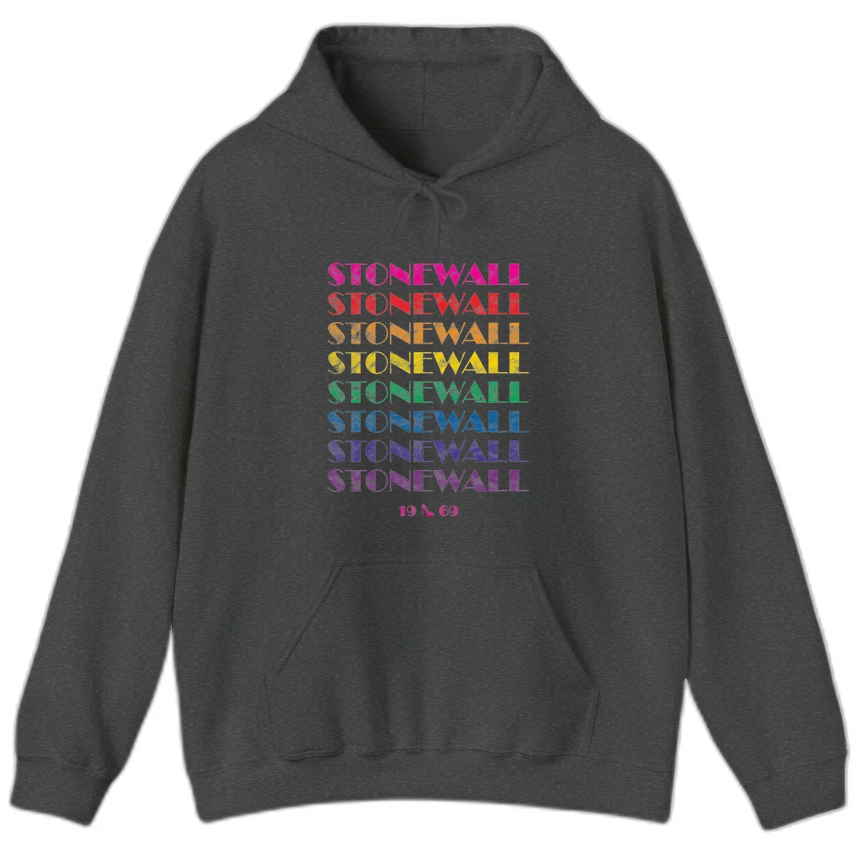 Stonewall Pride 1969 design with rainbow-colored repeated text and high heel icon on gray background in Dark Heather