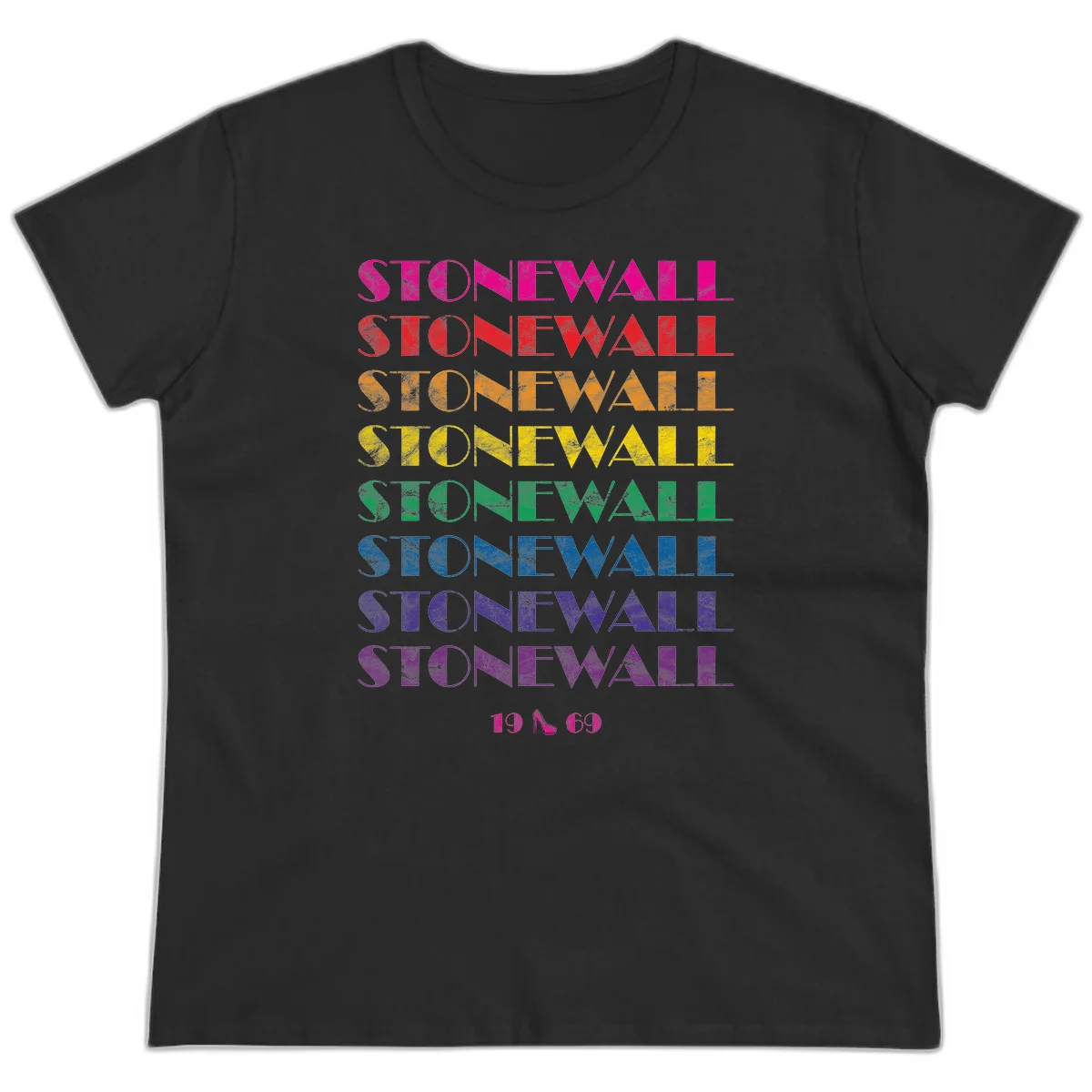 Stonewall Pride 1969 design with rainbow-colored repeated text and high heel icon on gray background in Black
