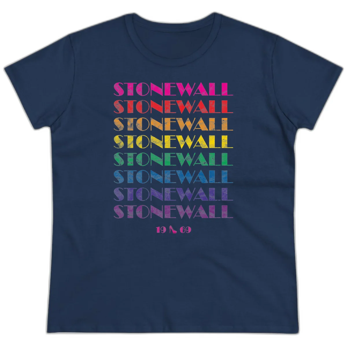 Stonewall Pride 1969 design with rainbow-colored repeated text and high heel icon on gray background in Navy