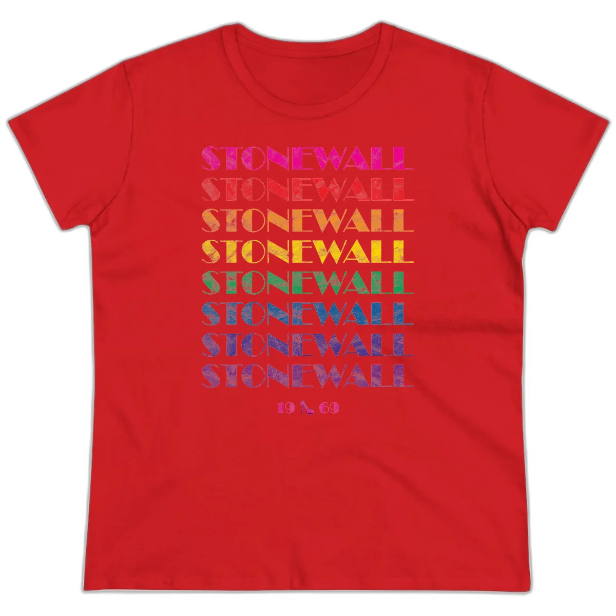 Stonewall Pride 1969 design with rainbow-colored repeated text and high heel icon on gray background in Red