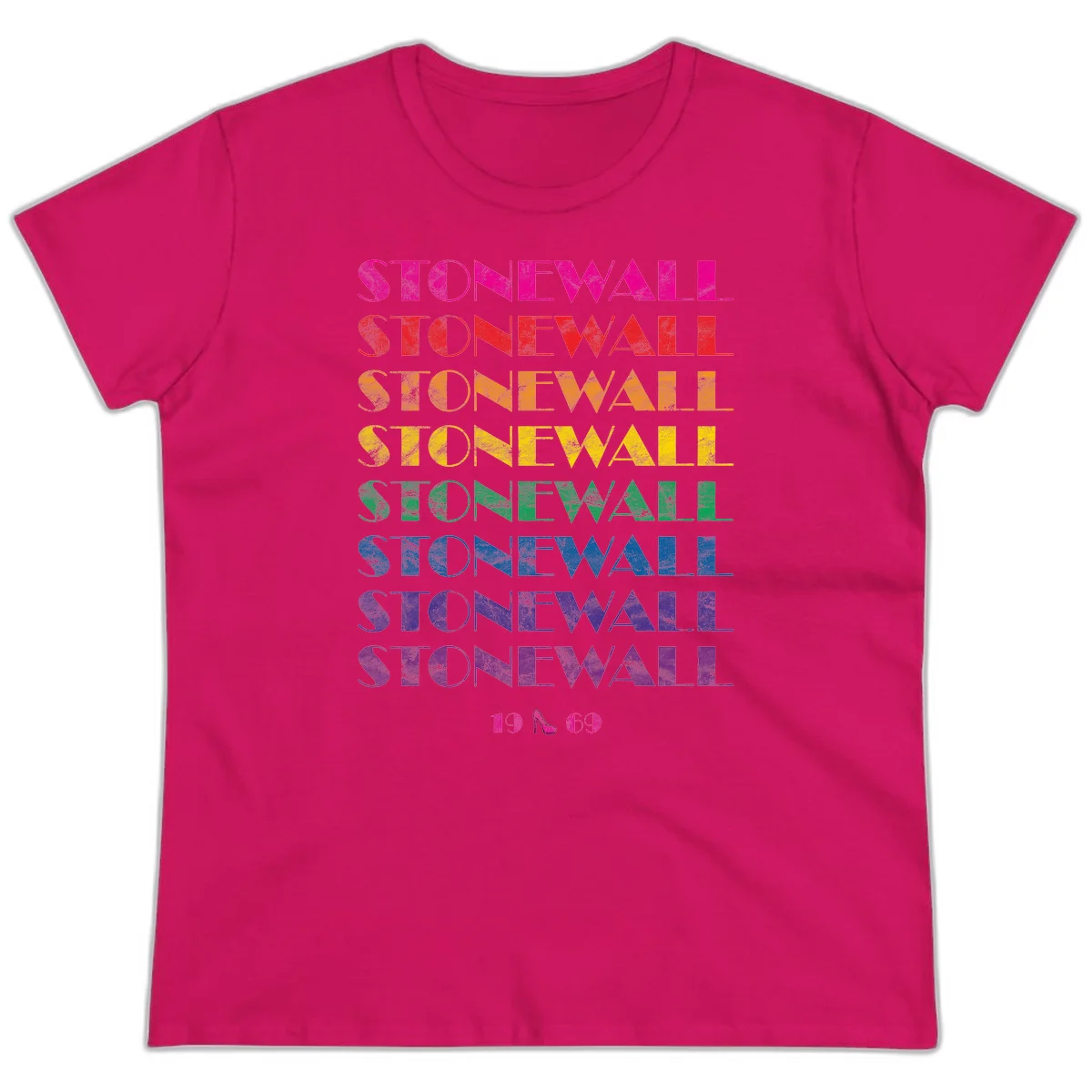 Stonewall Pride 1969 design with rainbow-colored repeated text and high heel icon on gray background in Heliconia