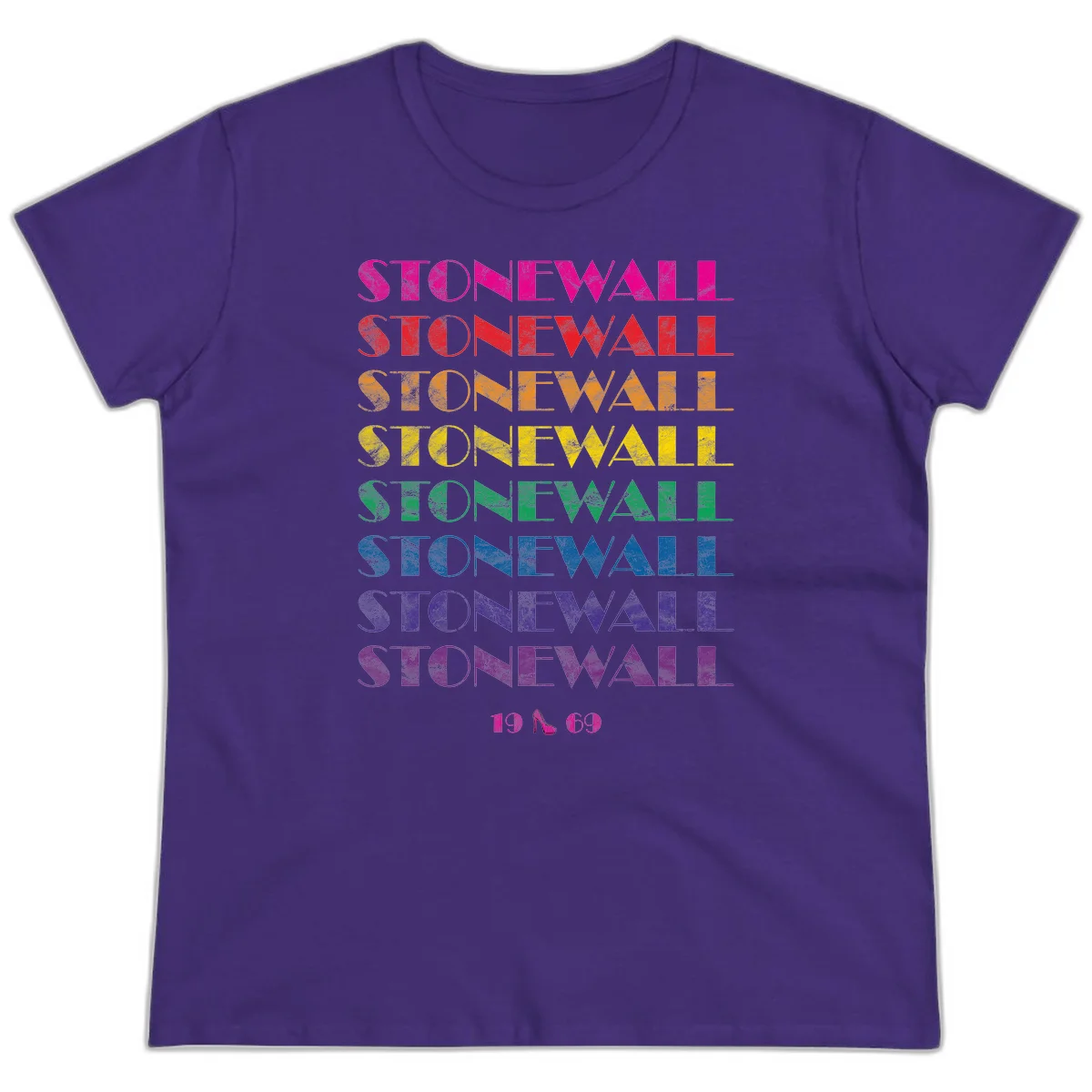Stonewall Pride 1969 design with rainbow-colored repeated text and high heel icon on gray background in Purple