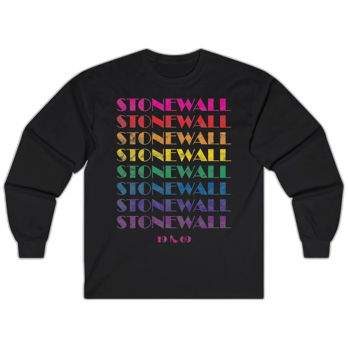 Stonewall Pride 1969 design with rainbow-colored repeated text and high heel icon on gray background in Black