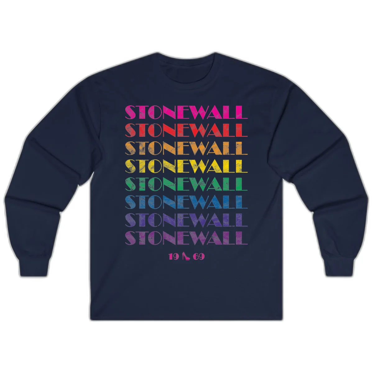 Stonewall Pride 1969 design with rainbow-colored repeated text and high heel icon on gray background in Navy