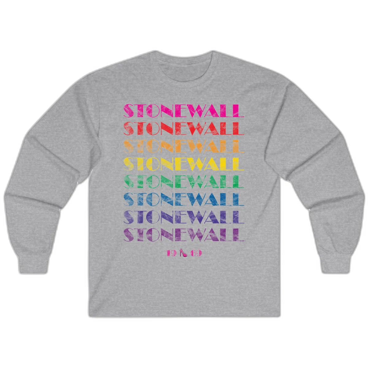 Stonewall Pride 1969 design with rainbow-colored repeated text and high heel icon on gray background in Sport Grey