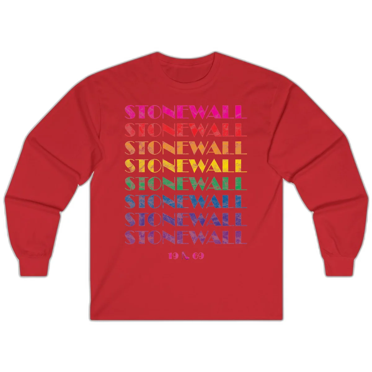 Stonewall Pride 1969 design with rainbow-colored repeated text and high heel icon on gray background in Red